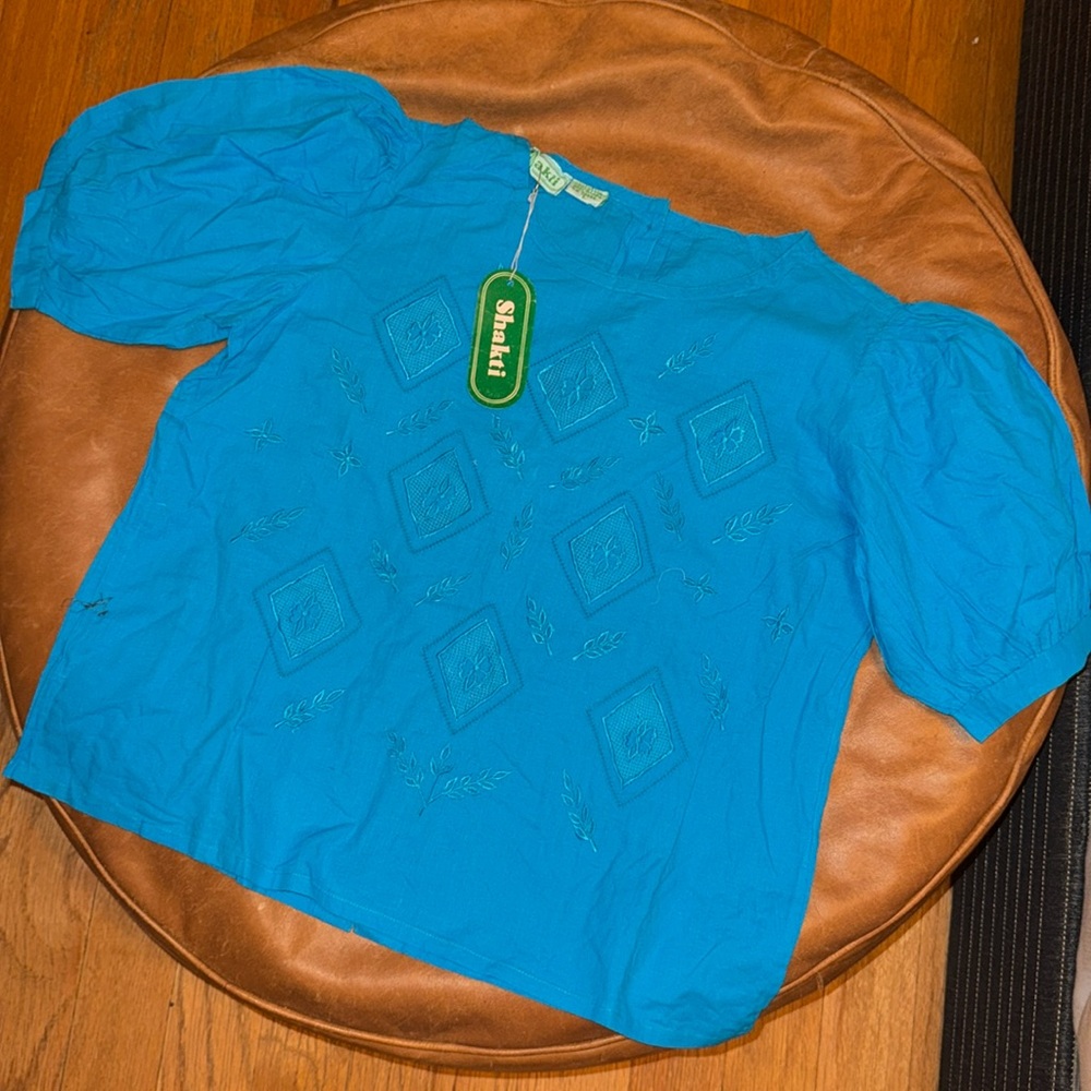 Women’s vintage Shakti top India cotton L blouse blue puff sleeve NEW OLD STOCK